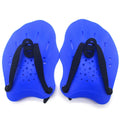 A pair of swim training paddles for freestyle stroke, shown in one of eight colour options including dark blue with a yellow mirror belt.