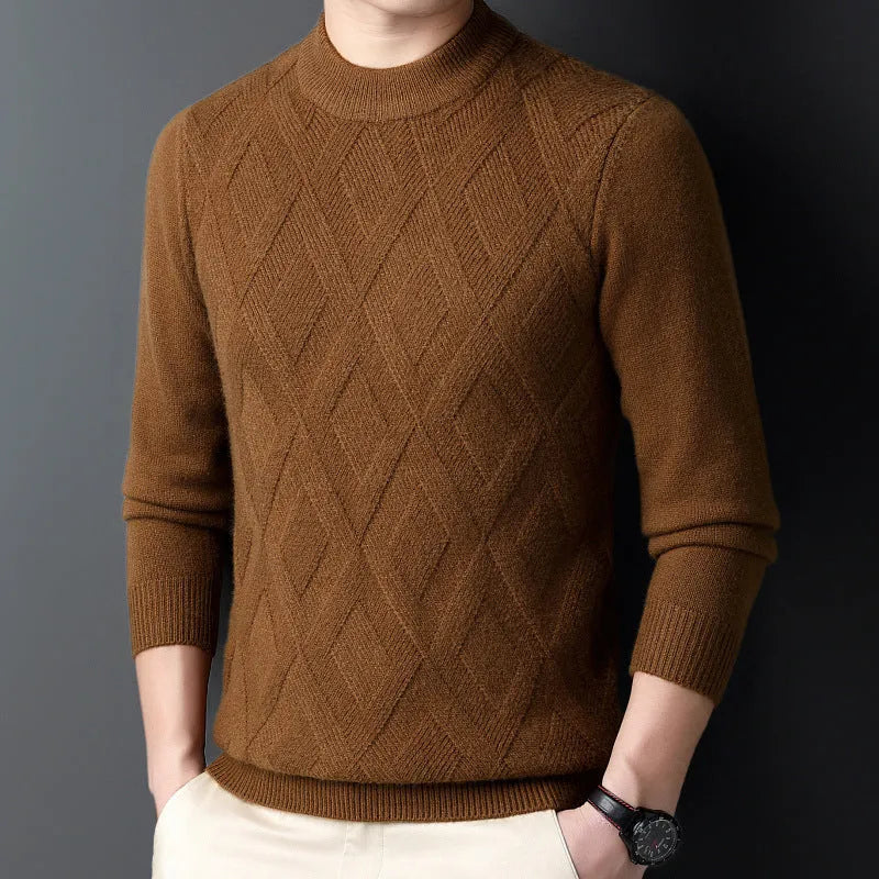 Men's diamond jacquard wool blend winter sweater in light camel colour on a hanger