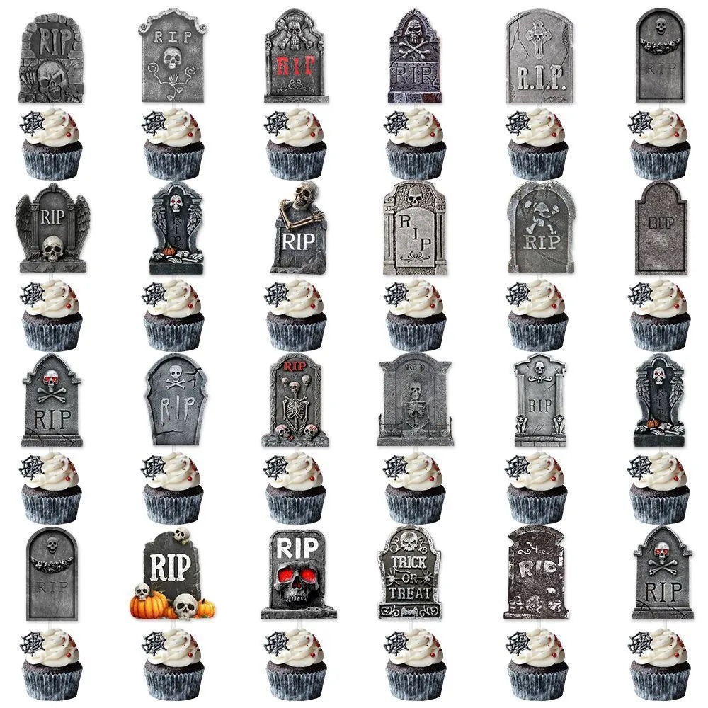 12 paper Halloween tombstone cake decoration flags featuring horror designs in two styles