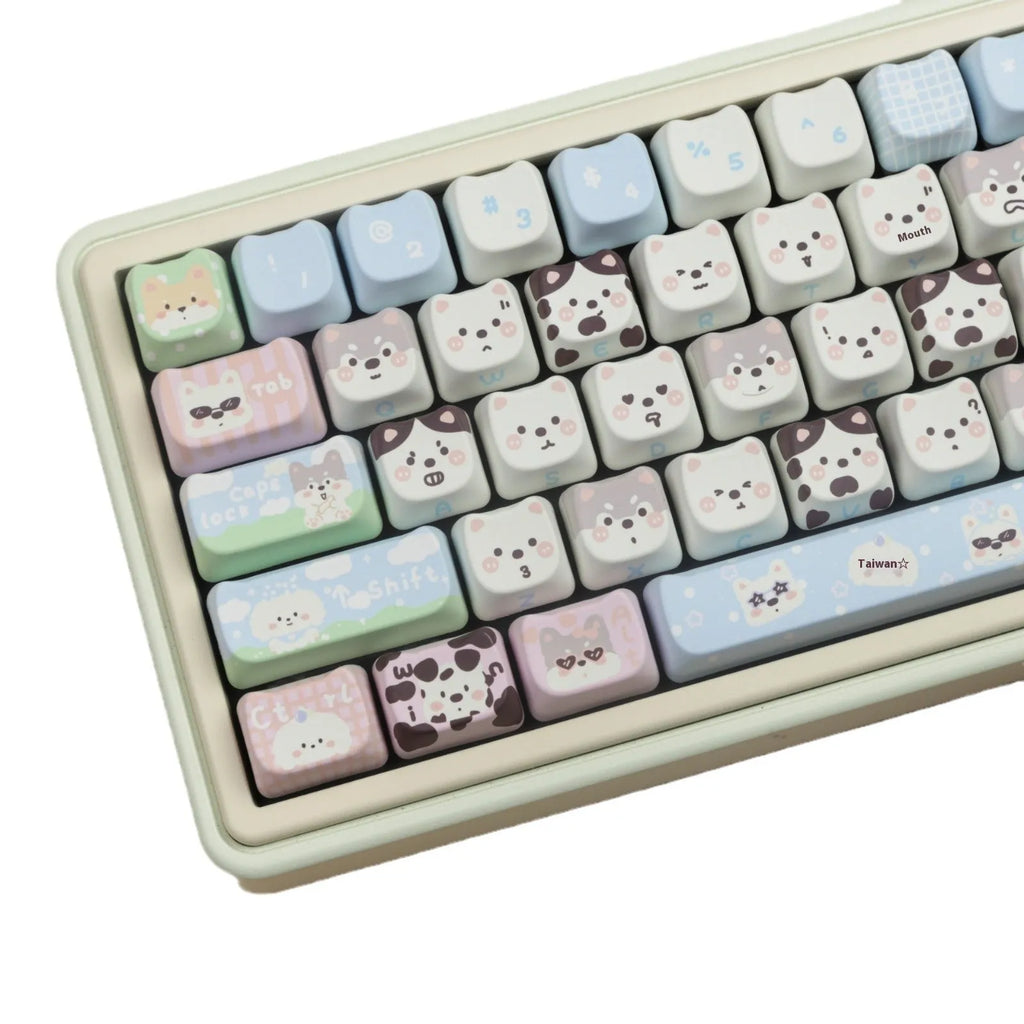 Puppy themed PBT key cap set for mechanical keyboards with full coverage design