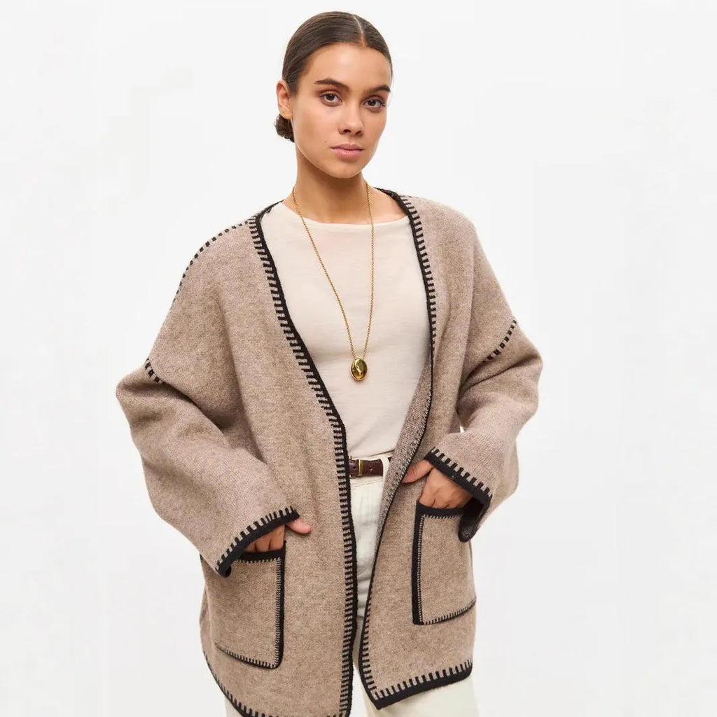 Loose mid-length lace-up knitted cardigan in black, white, or camel colour with thick imitation cashmere fabric