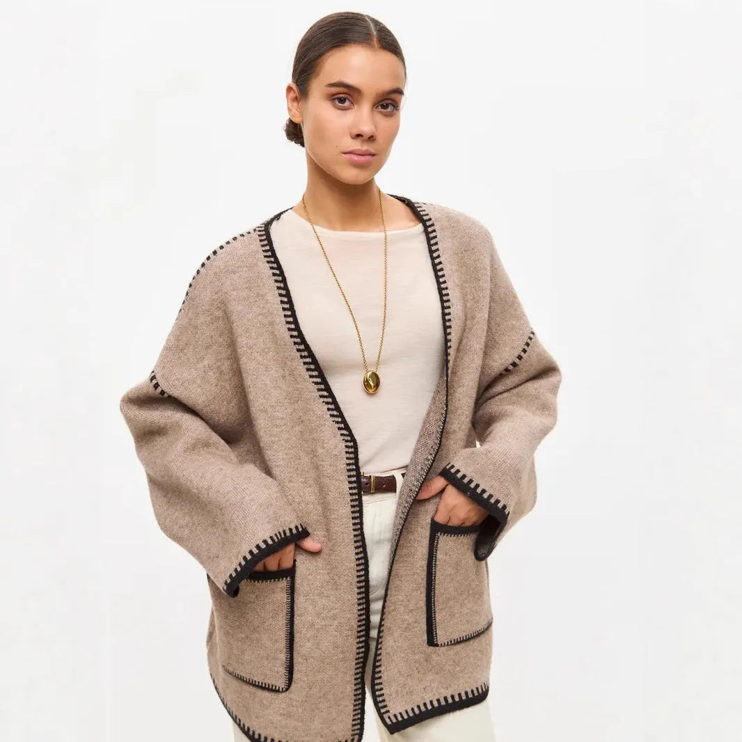 Loose mid-length lace-up knitted cardigan in black, white, or camel colour with thick imitation cashmere fabric