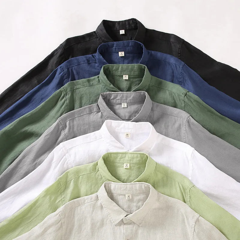 Chinese style linen cardigan shirt with long sleeves in solid colour