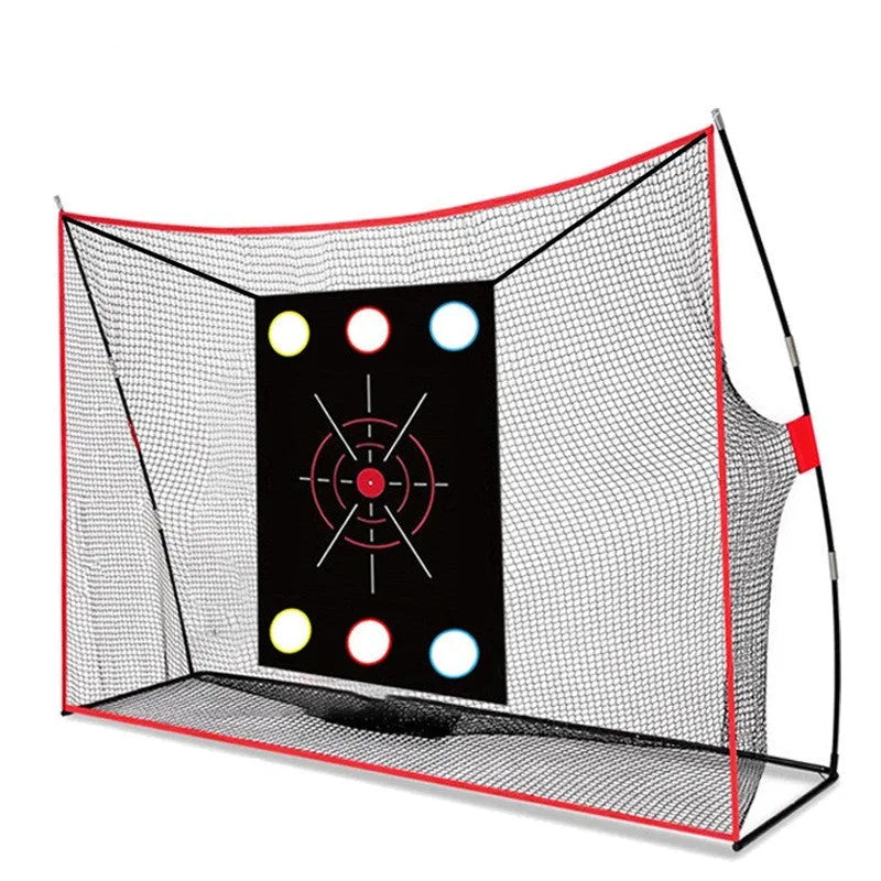 Golf swing wedge training net with 3-hole cross design and straw practice mat with practice balls and accessories