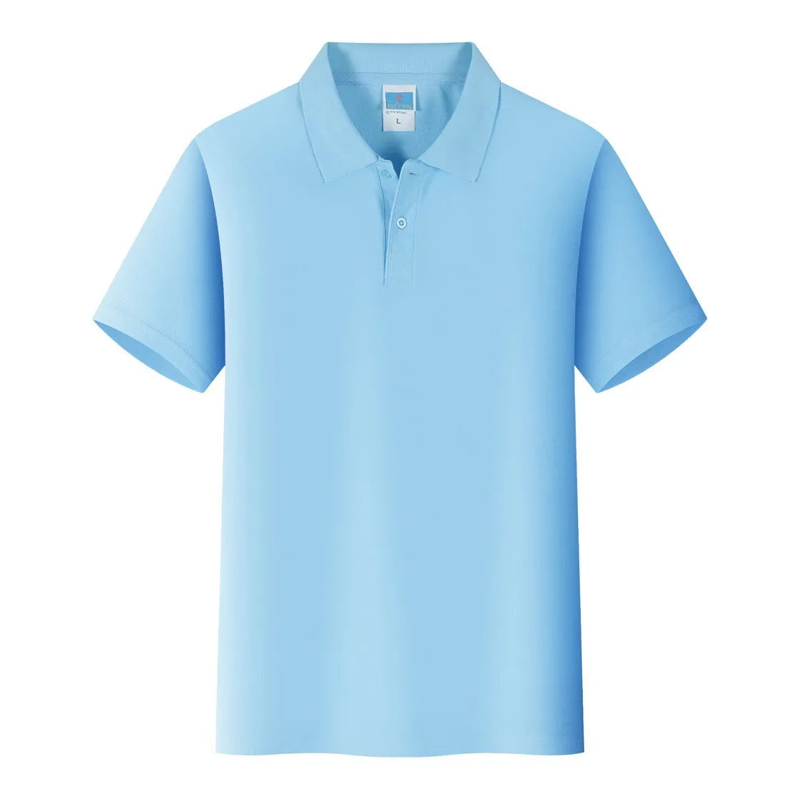 Short-sleeved straight-cut cotton pullover work shirt on a hanger, shown in a solid colour for embroidery.