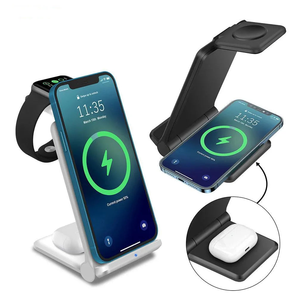 Black and white 3 in 1 foldable wireless charging station for iPhone, AirPods and Apple Watch on a desk.