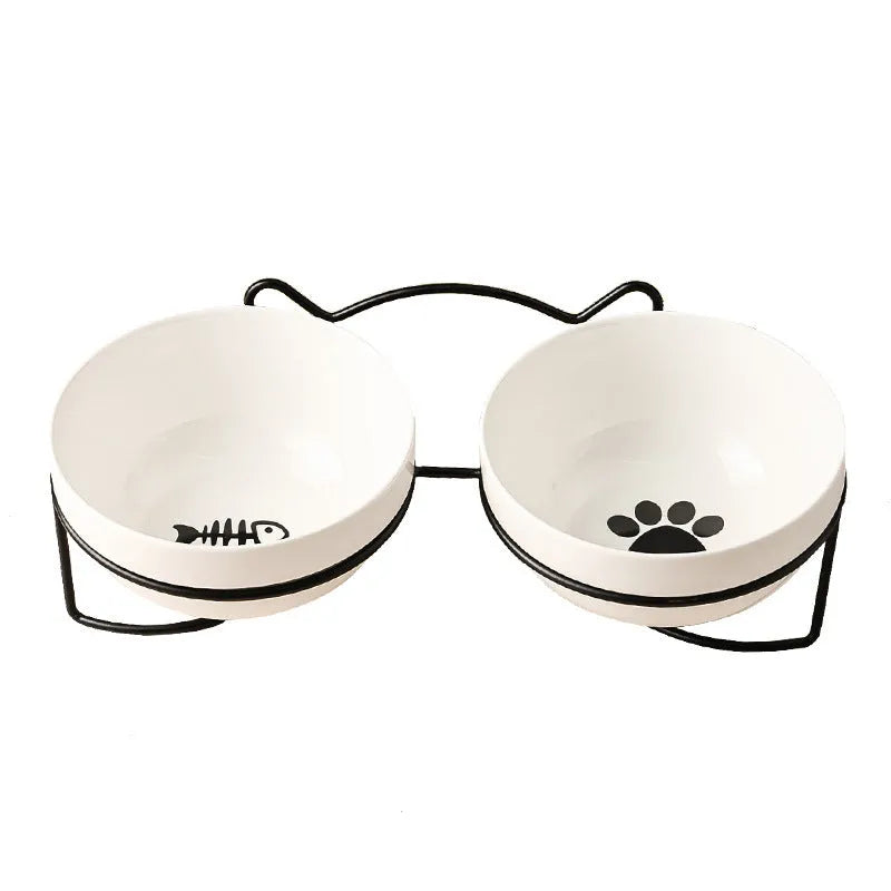 Ceramic cat bowl with iron stand in cat footprints or fishbone pattern design