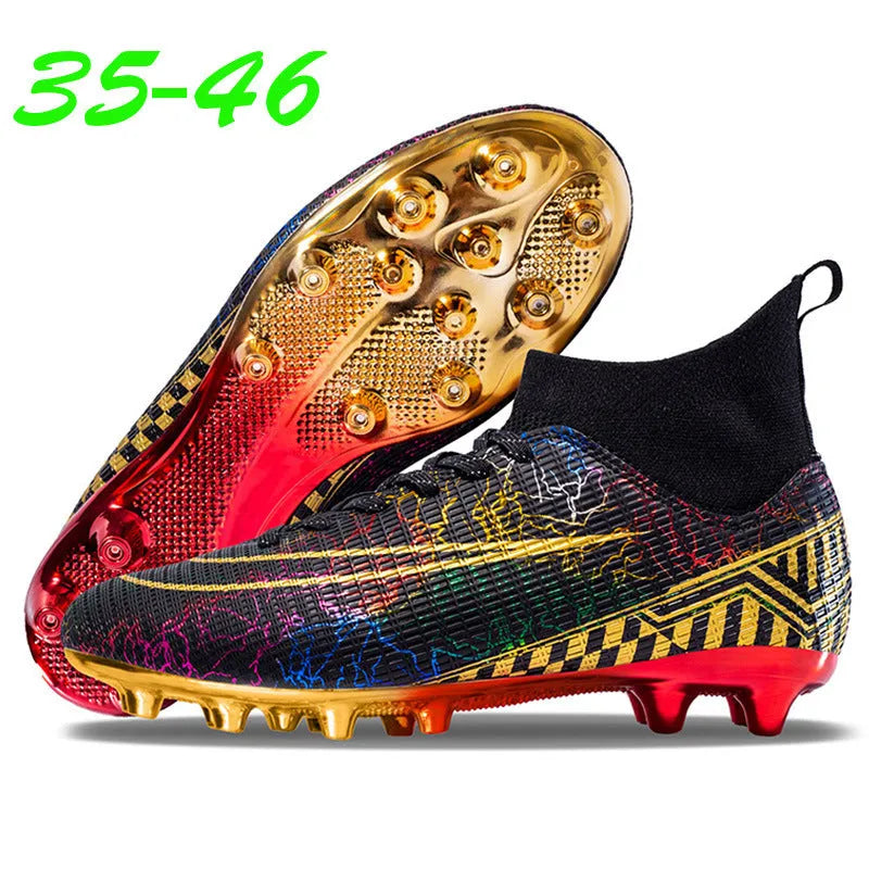 Men's high-top football training shoes with a gold-plated sole on an artificial grass surface