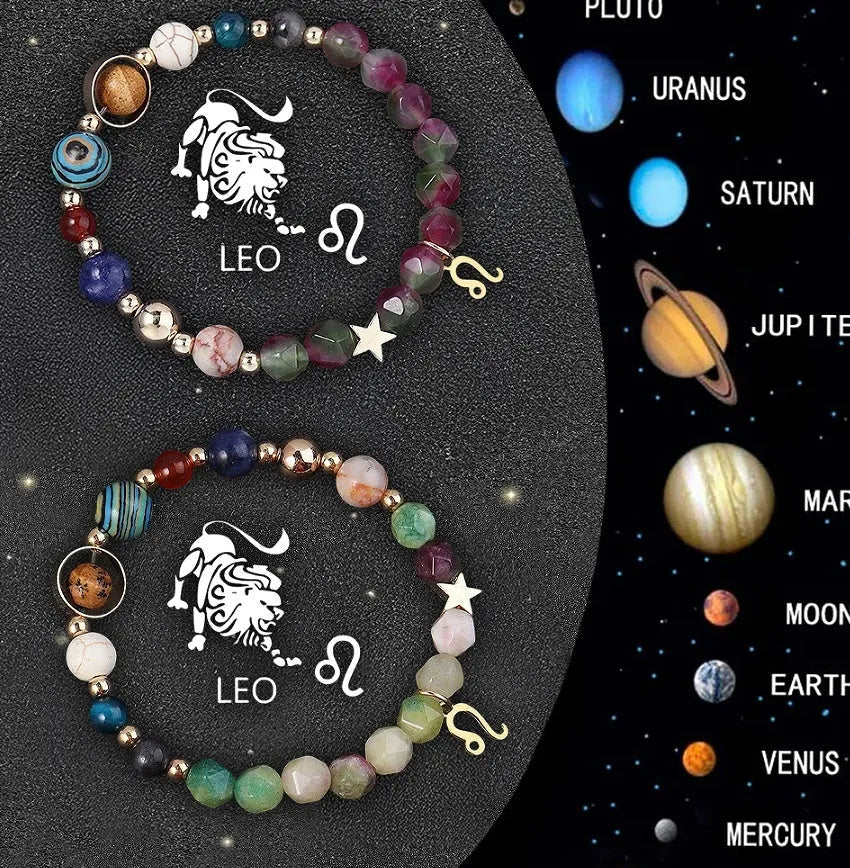 Natural stone beaded bracelets showing zodiac sign designs for complete astrological collection