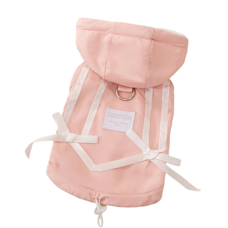 Winter fleece cat clothes with bow warm down jacket for kittens and dogs in pink, padded design with hood