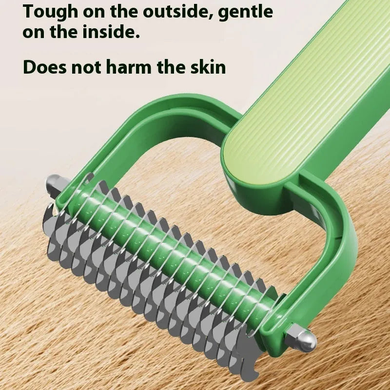 Green and grey dog hair unknotting comb with PP handle and stainless steel teeth