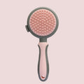 Two-sided silicone cat brush with green handle, showing slicker brush and massage sides