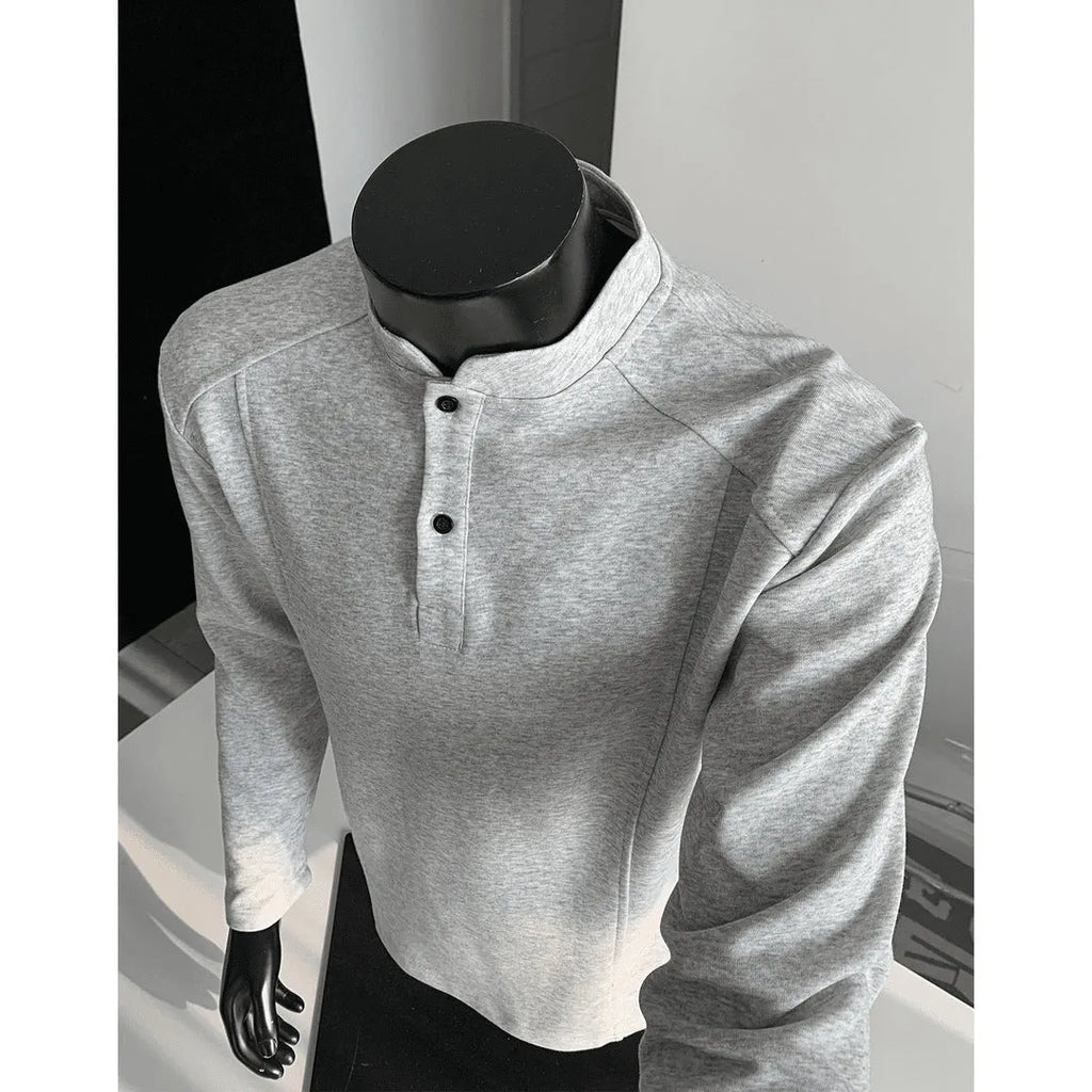 Men's asymmetric patchwork stand-up collar long sleeve cotton polo shirt in loose fit