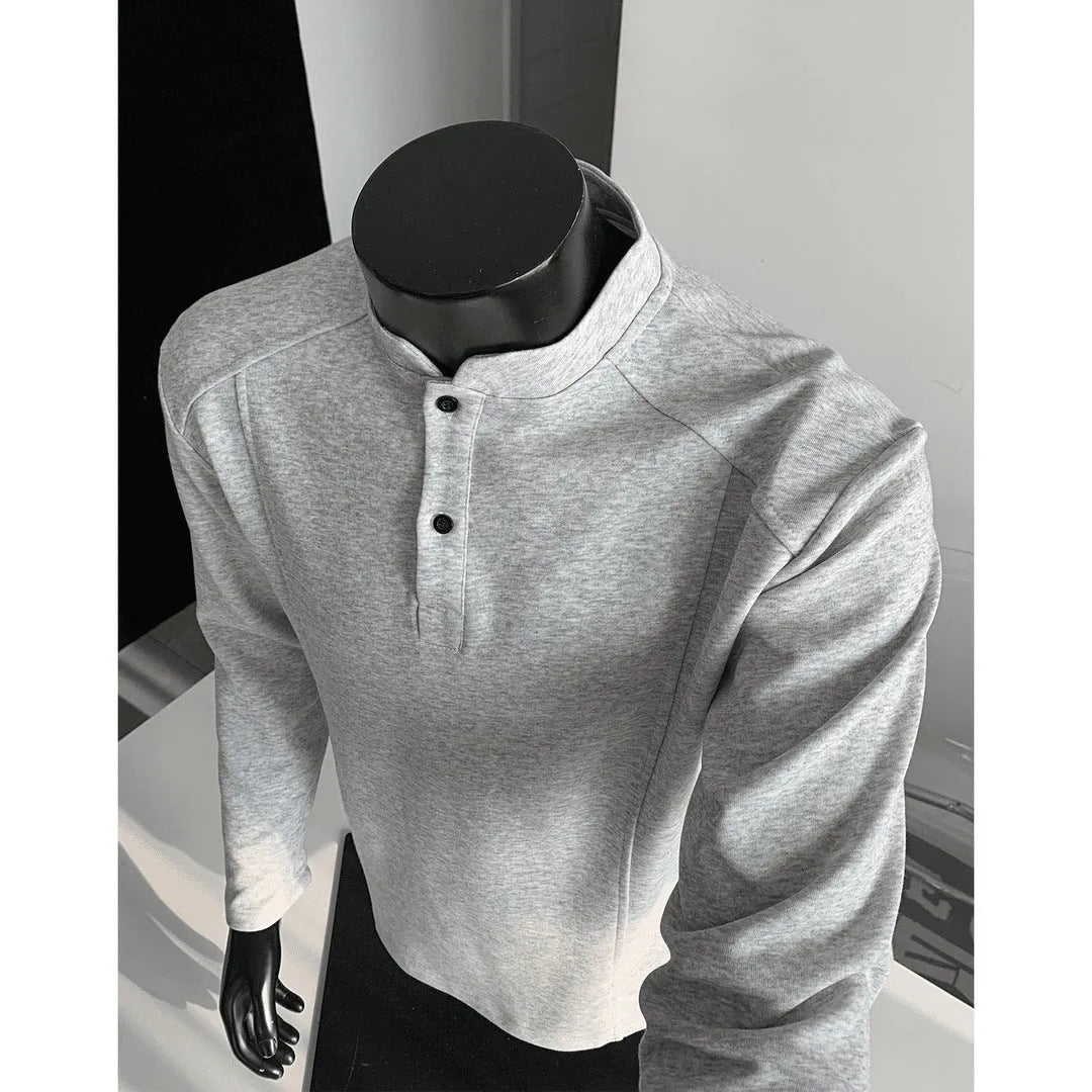 Men's asymmetric patchwork stand-up collar long sleeve cotton polo shirt in loose fit