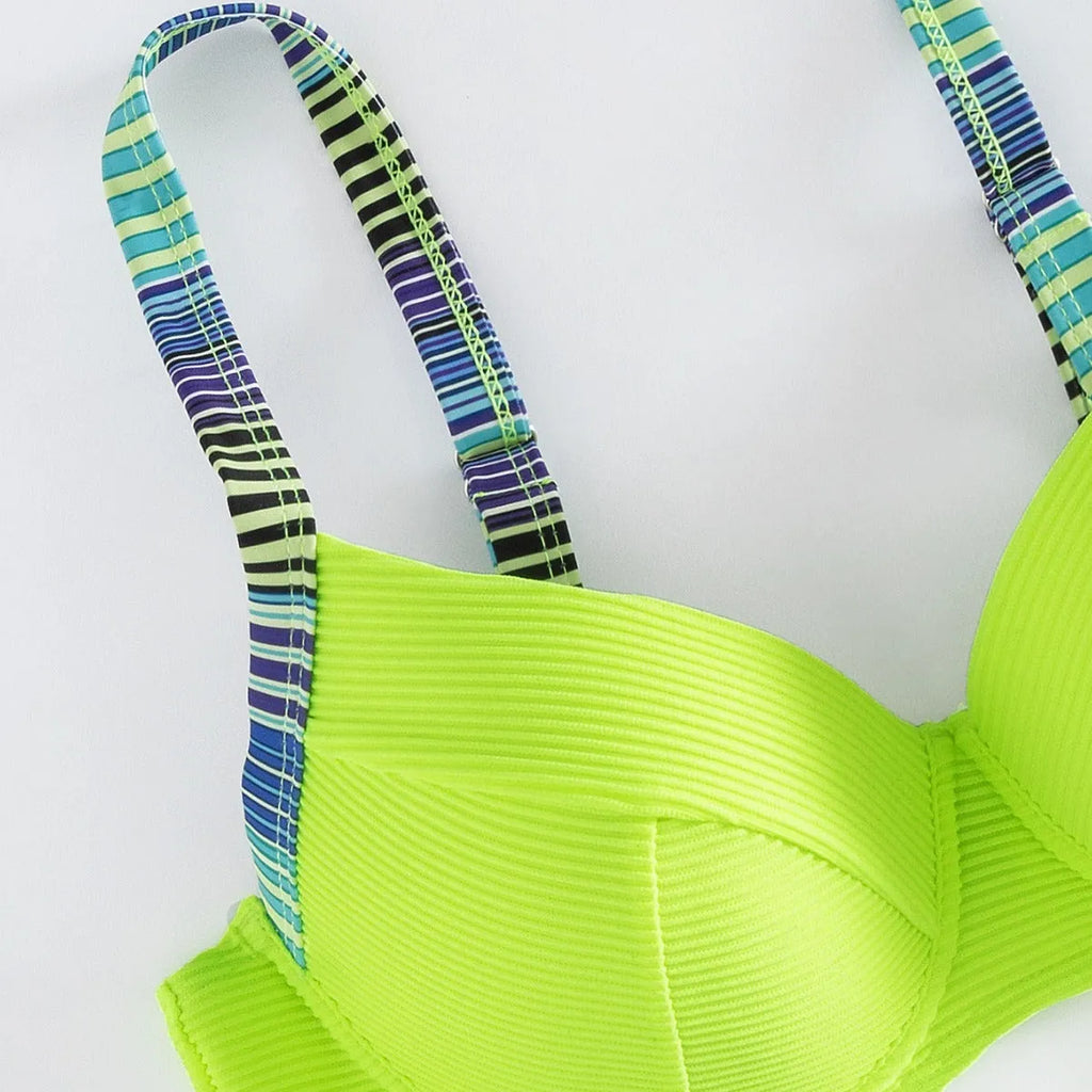 Green printed halter bikini set for women with sleeveless top and split briefs