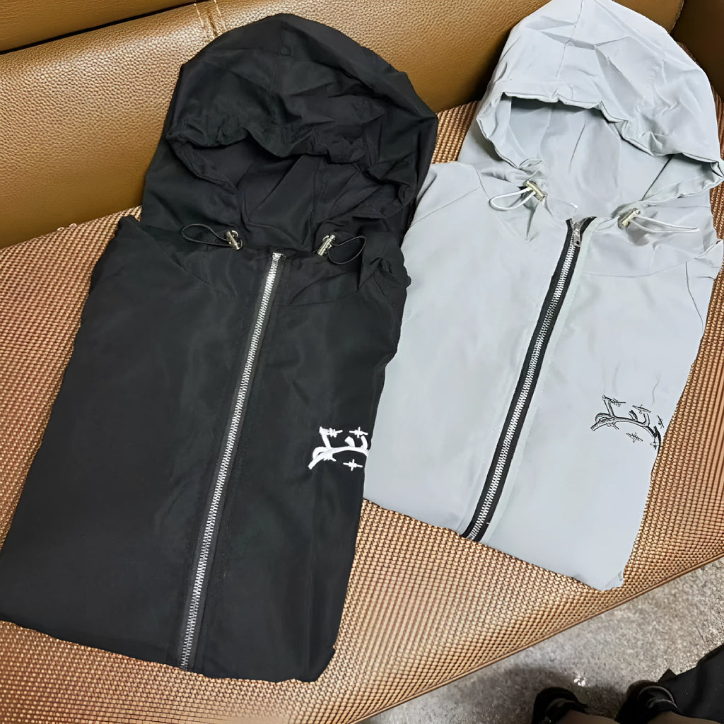 Men's grey hooded sunscreen jacket with loose fit British style design