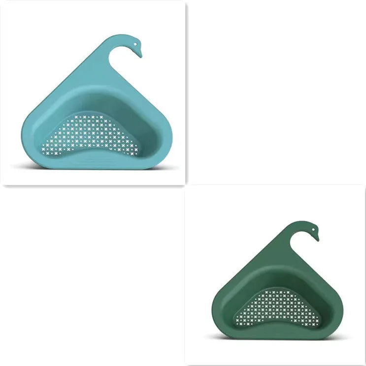 Yellow hanging swan drain basket made of plastic, fitted on a kitchen sink edge with space for vegetables and utensils