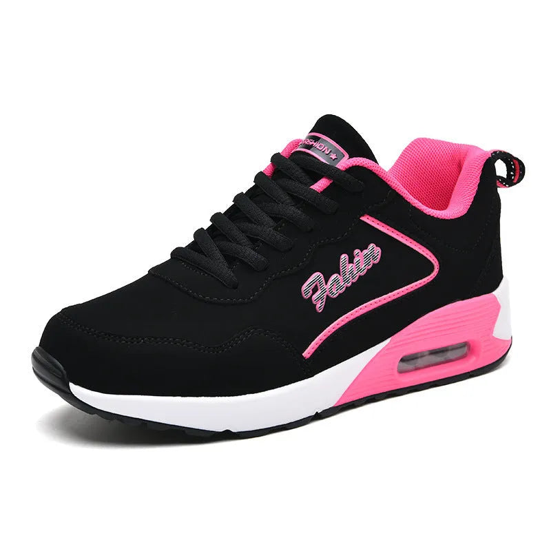 Women's spring leather plus size air cushion sports shoes in Wo 1909 black and white, low top lace up style