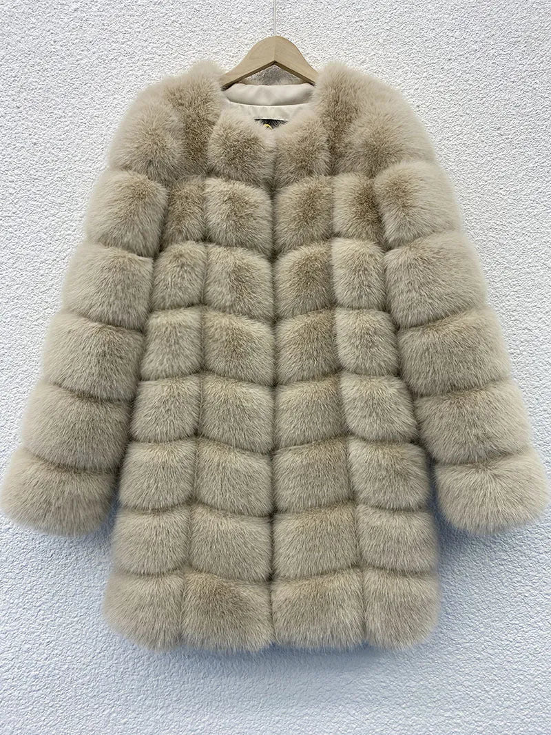 Women's thick artificial fur coat in apricot colour, shown with regular sleeves and 80 cm length