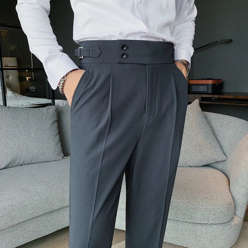 Straight leg casual trousers in solid colours on a size chart background.