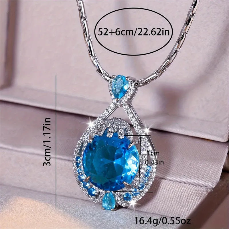 Blue crystal fireworks cut pendant necklace on geometric alloy water wave chain