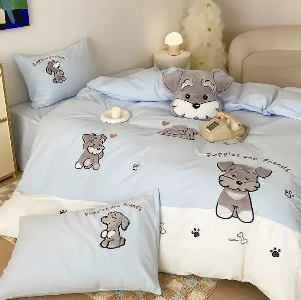 Cute Schnauzer dog cartoon pattern on a light blue thickened cotton quilt cover and matching pillowcases.