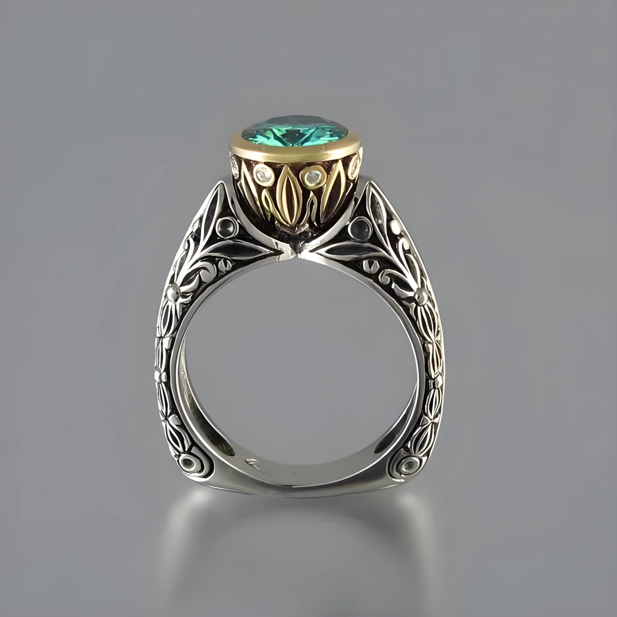 Gold-plated flower-shaped vintage ring with green silver finish and gemstone accents