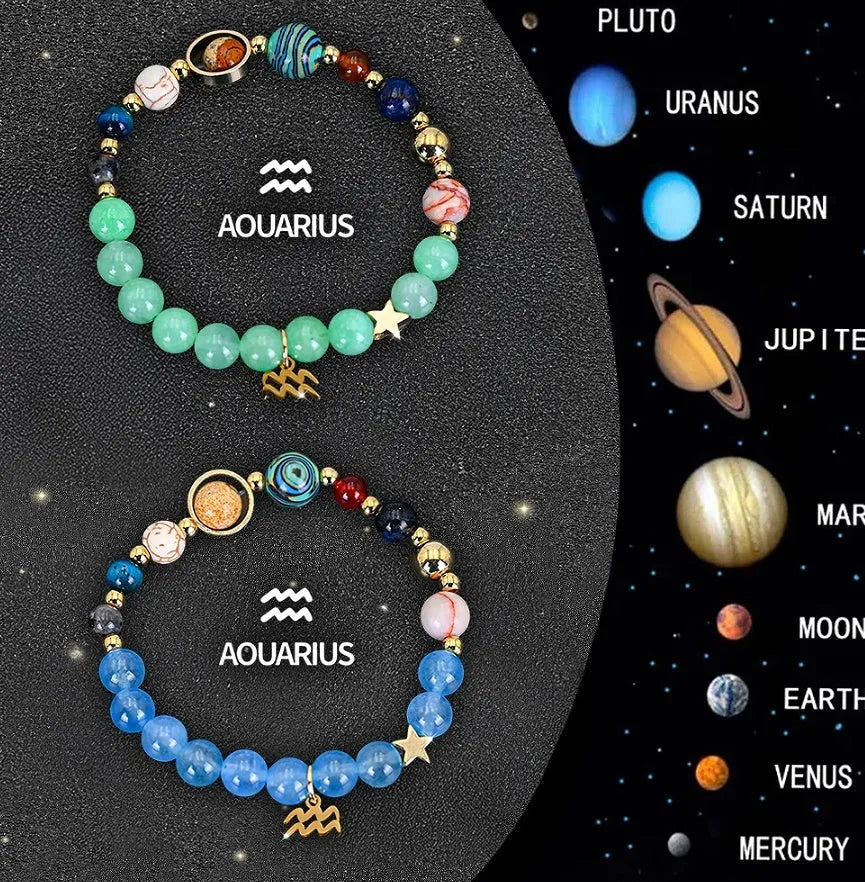 Natural stone beaded zodiac bracelets showing twelve animal signs on elastic cord