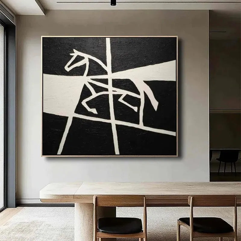 Handmade black and white horse oil painting on square canvas, unframed, for living room wall decor