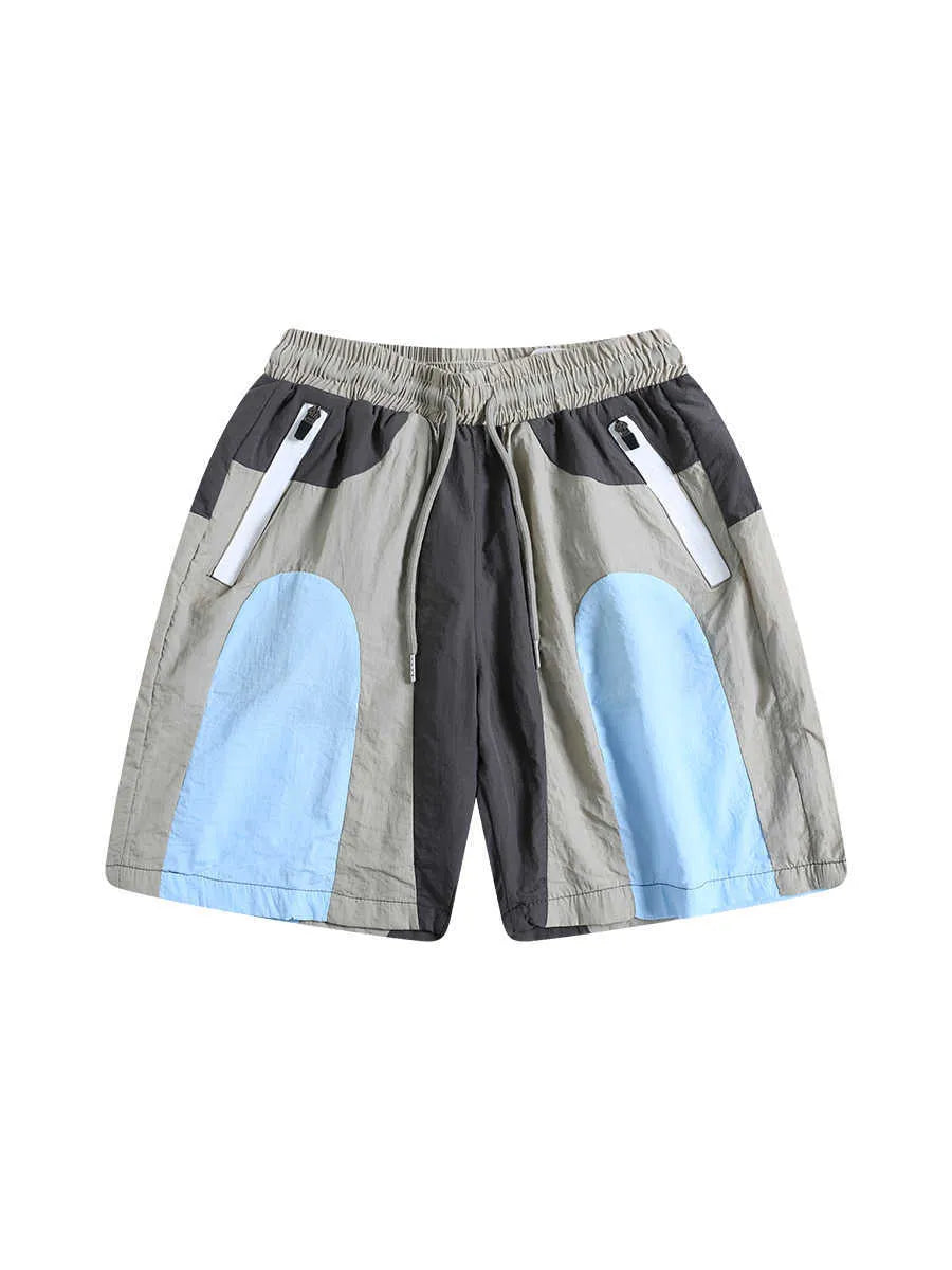 Blue men's patchwork quick-drying shorts with a loose straight-leg fit for outdoor sports