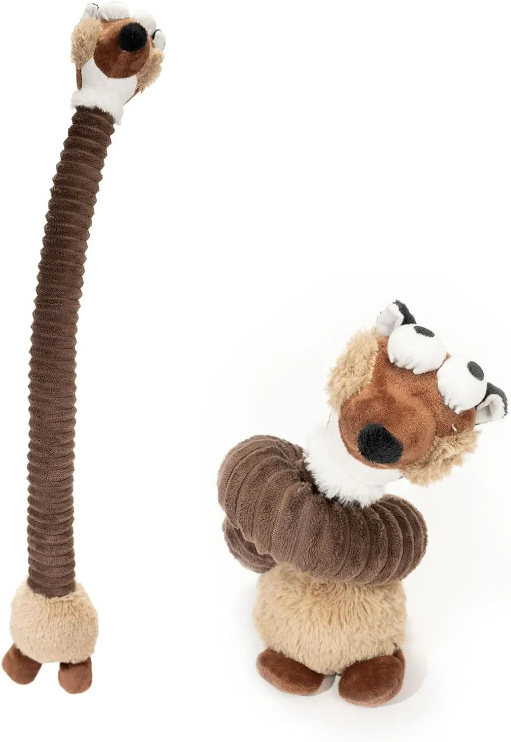 Foldable brown plush dog toy with squeaker and crinkle material for chew play.