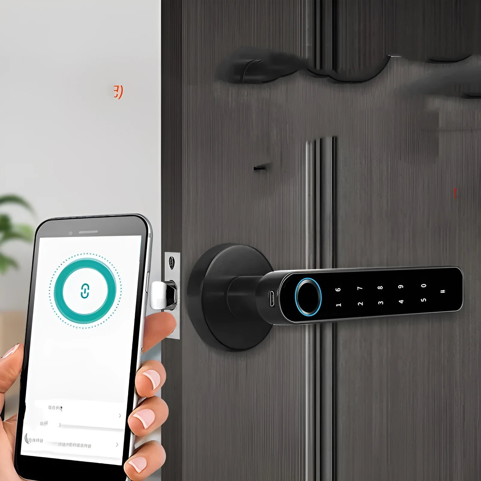 Smart lock for indoor wooden door with fingerprint sensor and Bluetooth, black finish