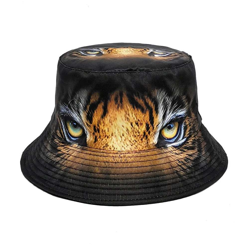 Khaki tiger pattern bucket hat with dome crown on a neutral background
