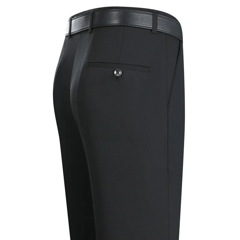 Men's straight leg formal trousers in a dark blue colour, showcasing the high waist and non-iron fabric blend.
