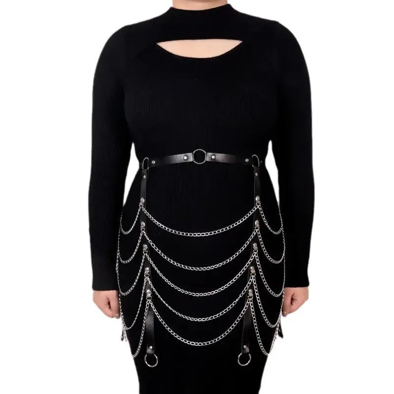 Black PU leather adjustable waist chain with bandage binding for women's festival and clubwear