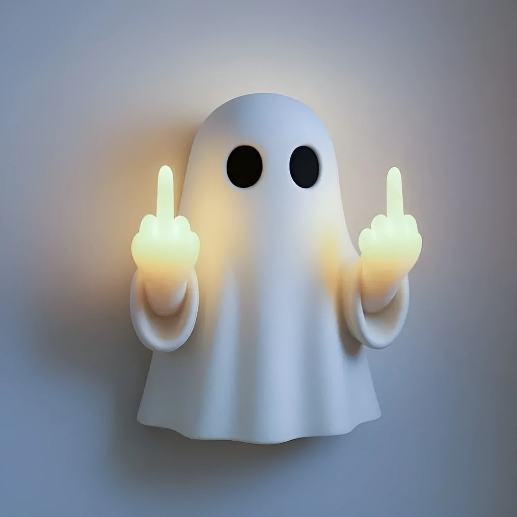 White plastic ghost statue Halloween night lamp with battery-operated LED light, 19.85cm tall