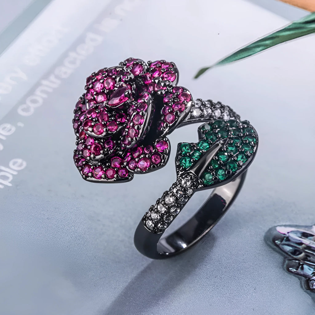 Women's black gold geometric flower personality ring with simulated red corundum stone