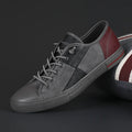 Men's colour contrast leather slip-on shoes with round toe and flat rubber sole.