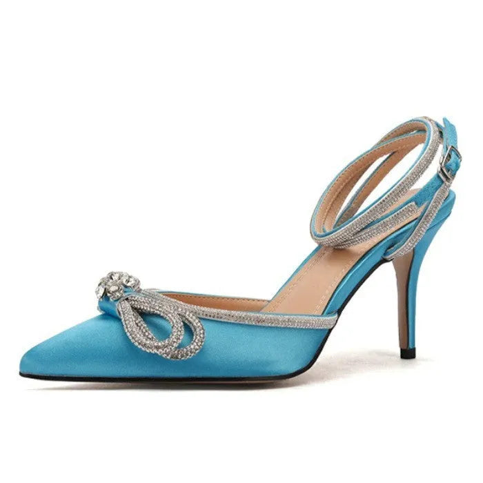 Women's black stiletto heel sandals with silk bandage detail on back and buckle fastening.