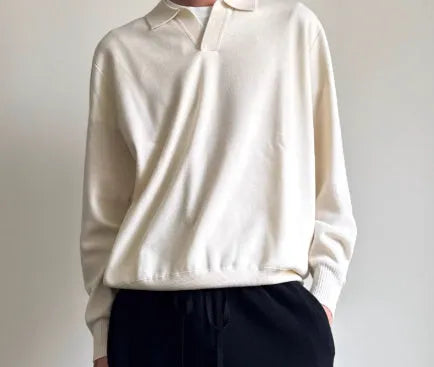 Pure wool lapel collar polo sweater in loose fit pullover style, available in Milky White or Navy Blue