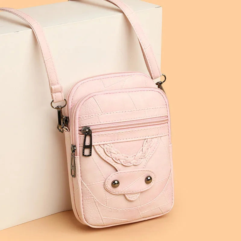 Soft PU leather mobile phone bag in brown with square vertical shape, weaving, rivets, and sandwich pocket