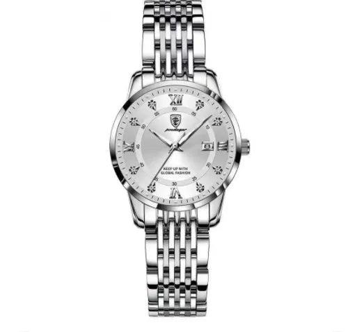 Men's quartz watch with 43mm round dial, sapphire crystal, stainless steel strap, blue face, luminous hands and calendar display
