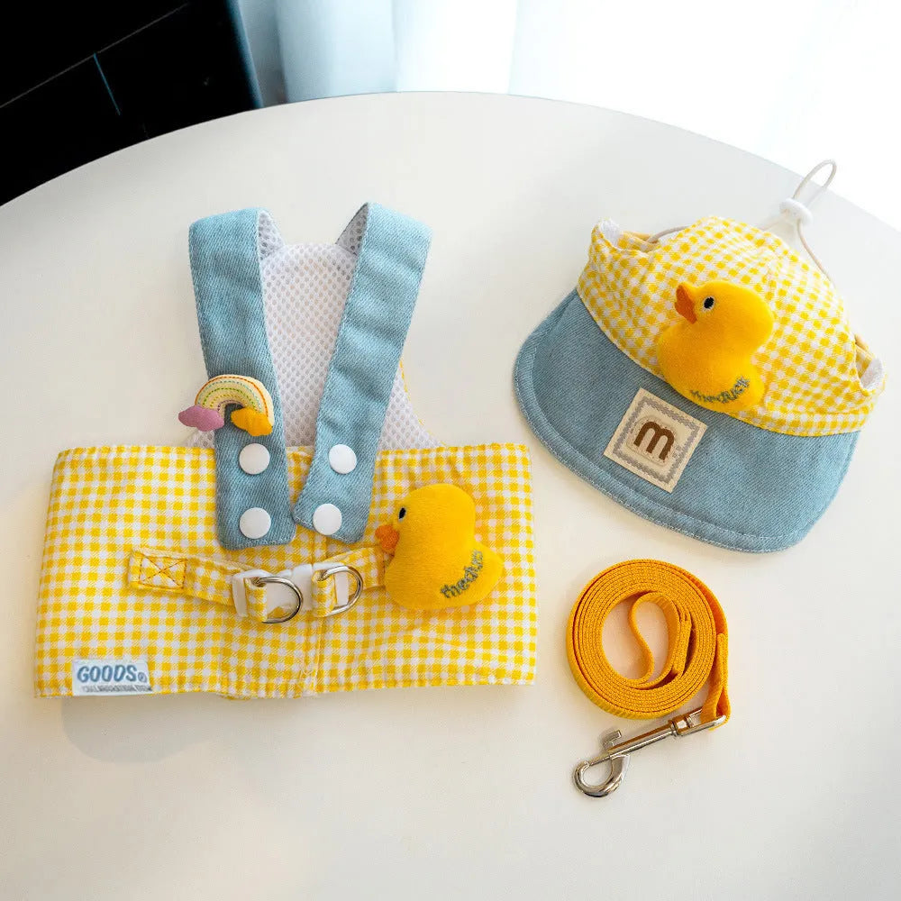 Three-piece pet set showing a dog harness, a leash with a wire rope section, and cute cat clothes on a hanger.