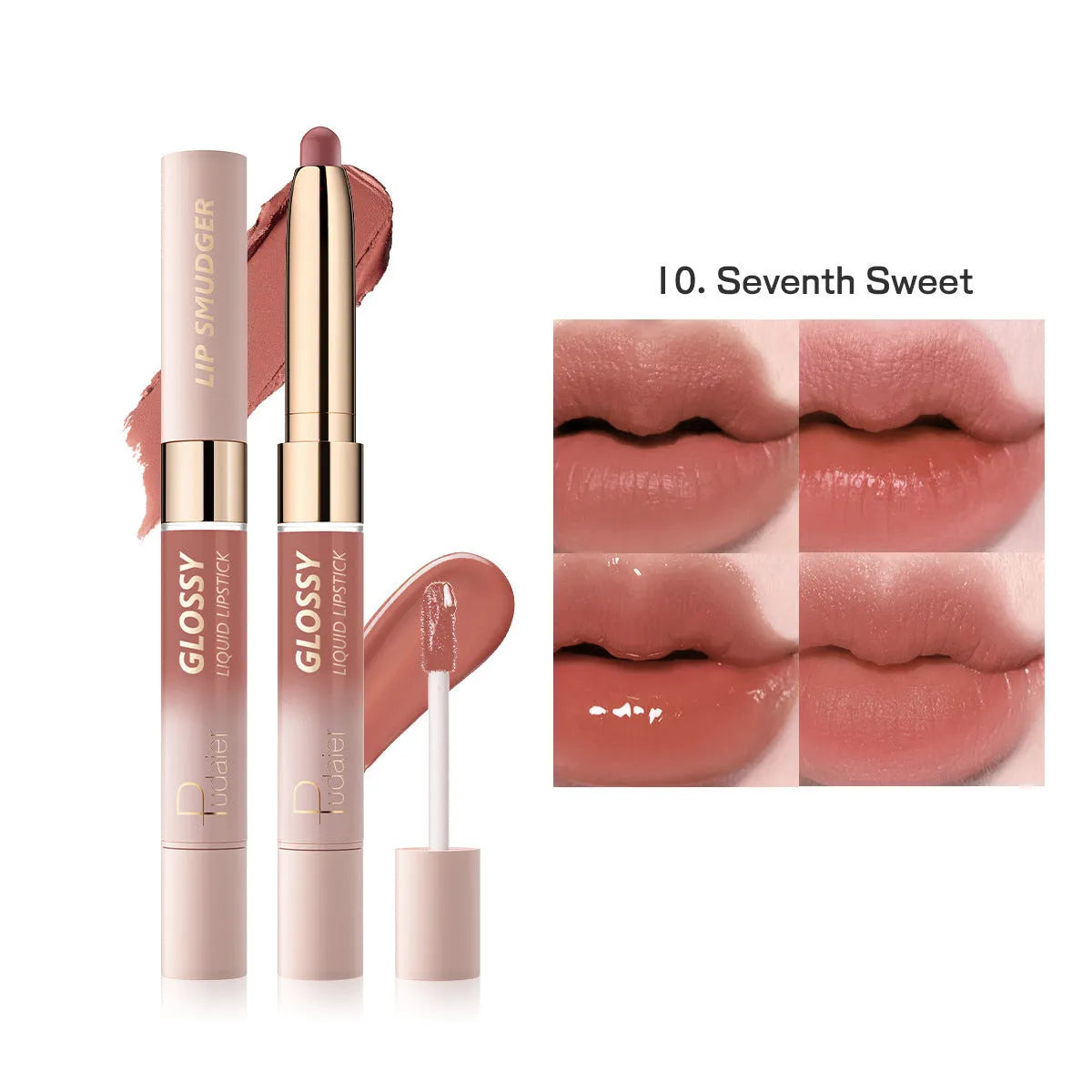 Double-headed matte lipstick and lip gloss cosmetic stick in one of ten available colours.