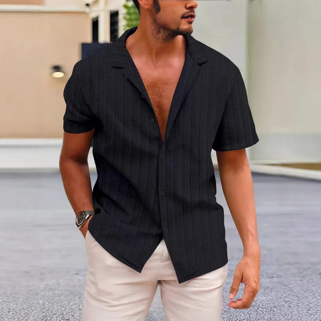 Corduroy short sleeve summer shirt in solid colour with British style cardigan design