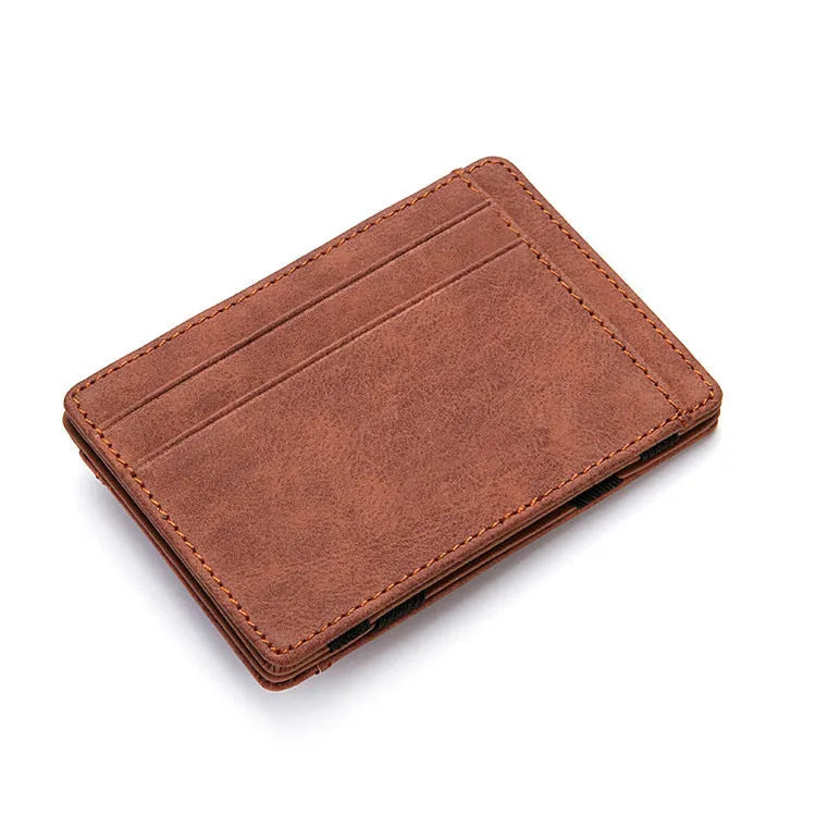 PU creative magic wallet in solid colour showing flip card holder and zipper coin purse with sewing line details.