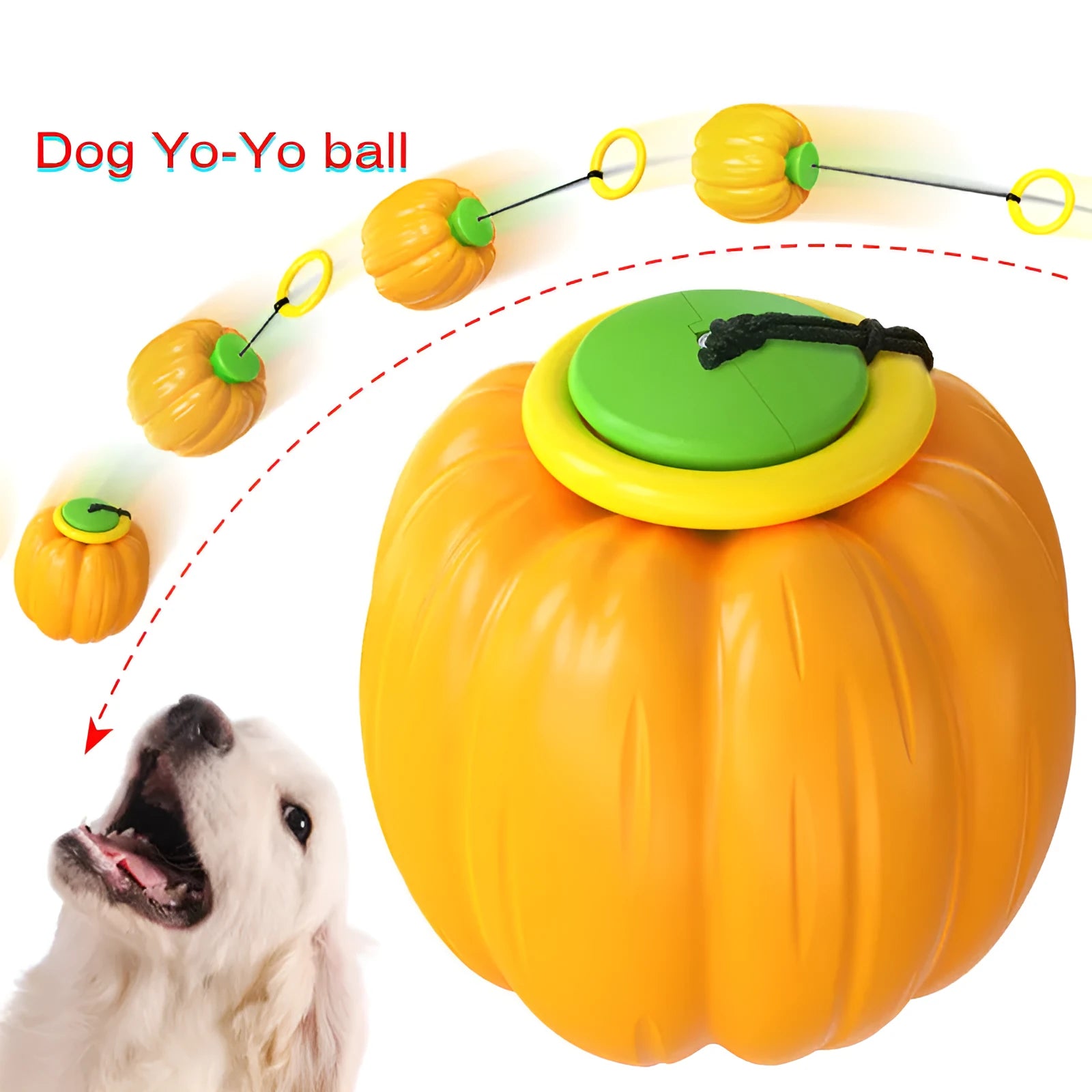 Green, orange, and yellow plastic pumpkin dog chew toy with squeaker for small dogs.