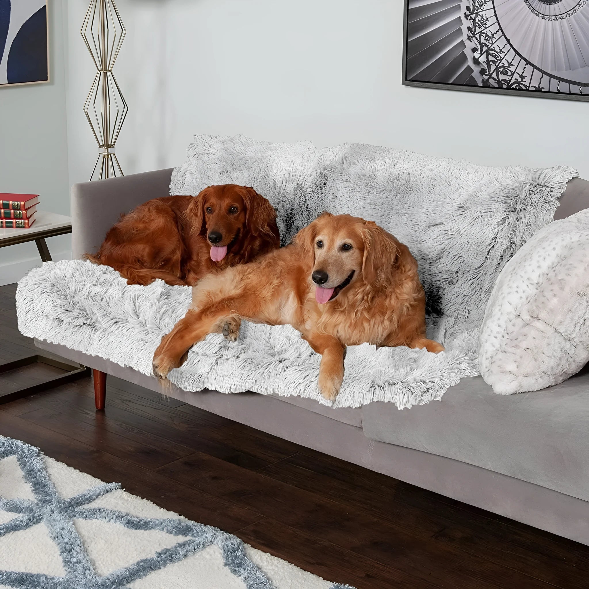 Plush waterproof dog cushion in dark grey, showing soft fabric surface and thick edges.