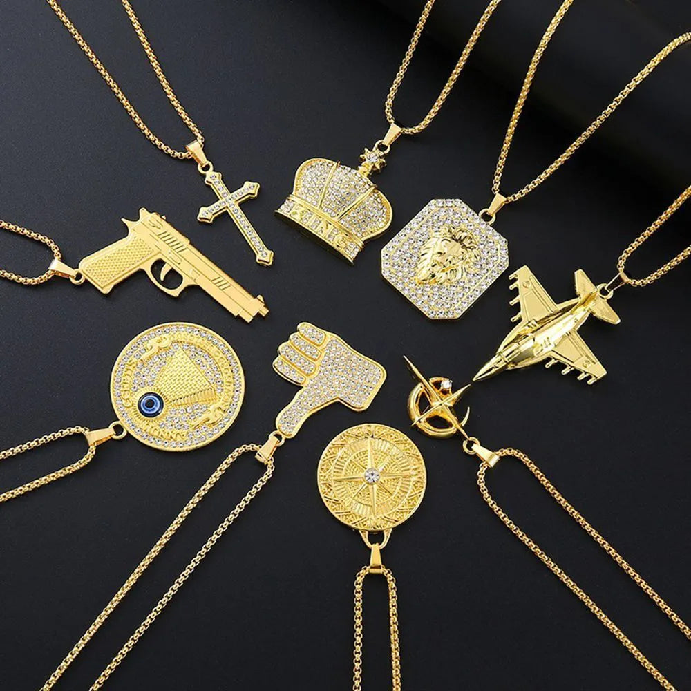Geometric shaped gold-colour alloy pendant necklace with a sparkling zircon stone inlay on a chain.