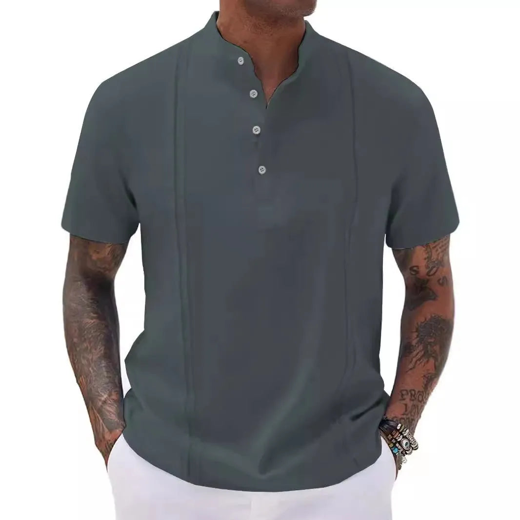 Men's solid colour half-button cardigan top in short sleeve synthetic blend for summer
